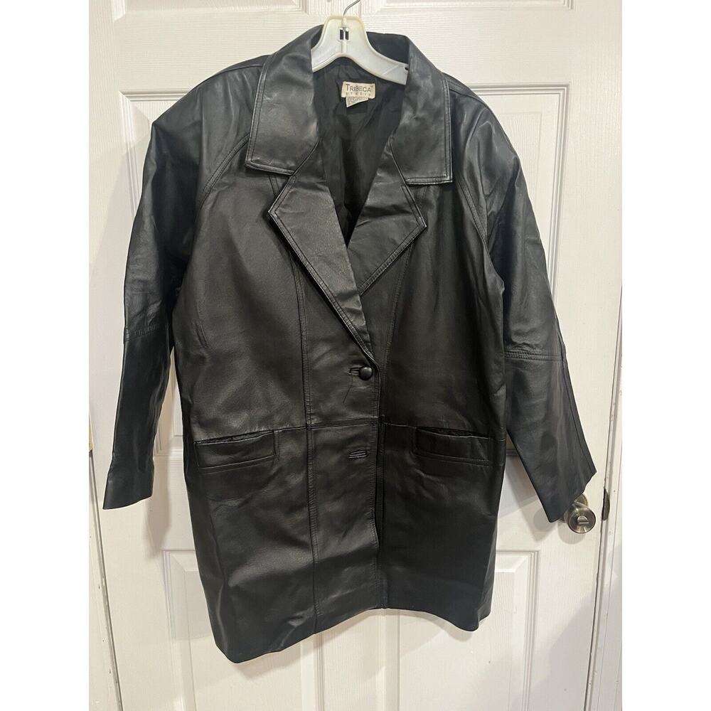 VTG Tribeca Studio Women's Black Leather Blazer Jacket L Button Front Mid Lined